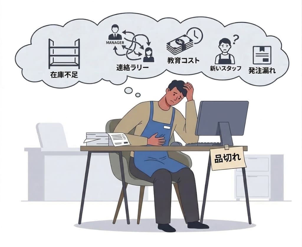在庫不足・連絡ラリー・発注漏れに悩む店主のイラスト